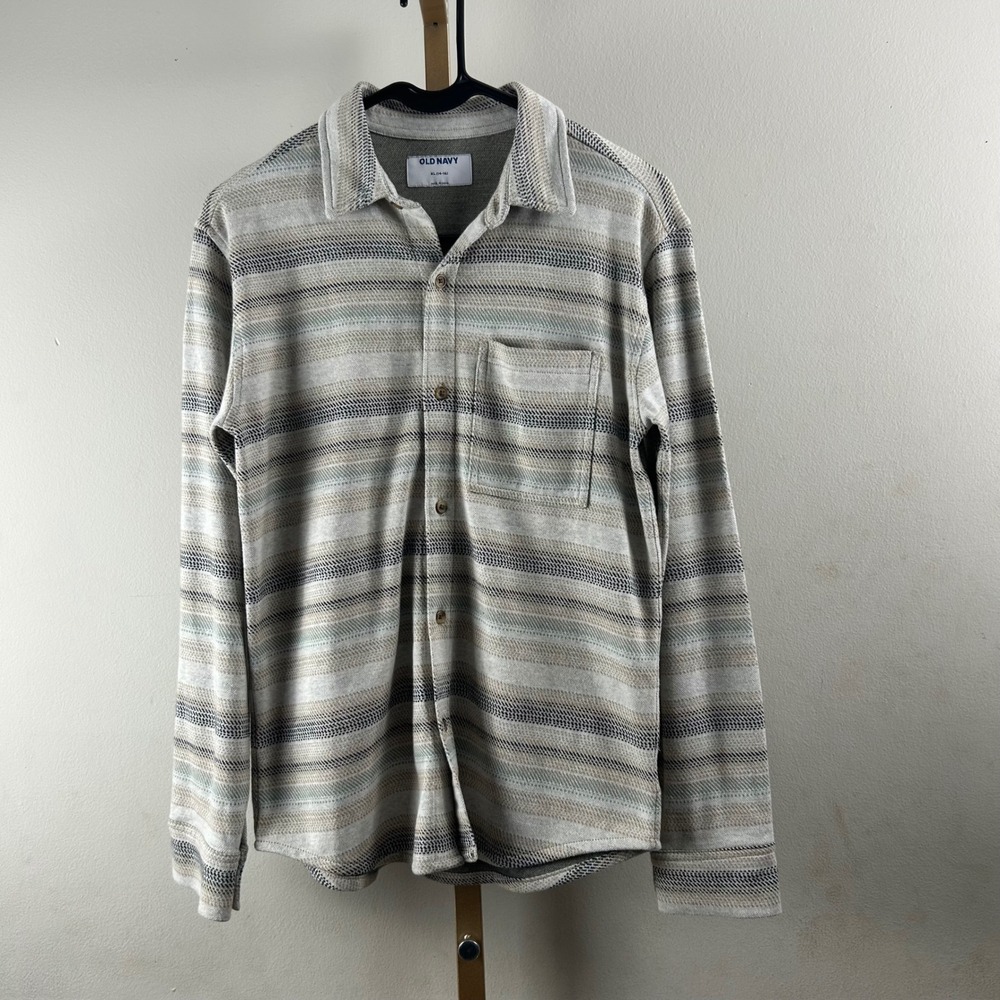 Old Navy Button Down Shirt Kid XL 14-16 Gray Tan Striped Knit Long Sleeve fleece